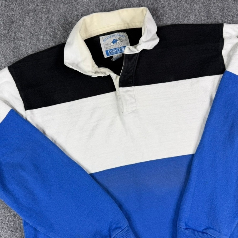 Vintage Lands End Rugby Shirt Mens Large Blue White Black Colorblock USA 80s